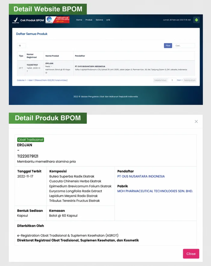 Detail registrasi produk Erojan pada website BPOM dengan nomor TI223079121