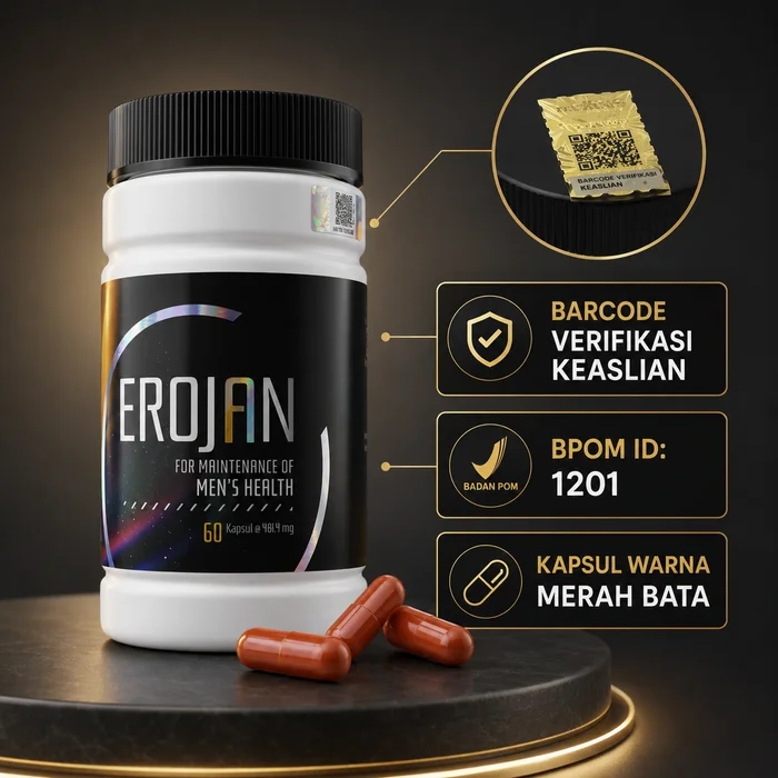 Botol Erojan dengan barcode verifikasi keaslian, nomor BPOM, dan kapsul merah bata